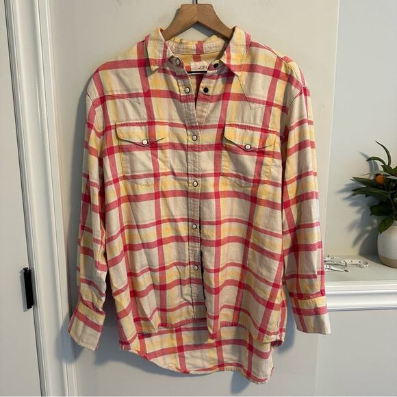 THE GREAT. Pink Yellow Cotton Plaid Western Flannel Top Small 1 - Picture 12 of 12